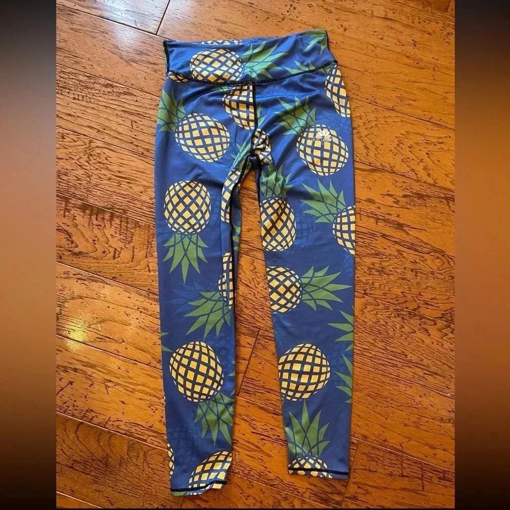 Lotus Leggings Pineapple Print Women Large Blue High Waisted‎ Activewear